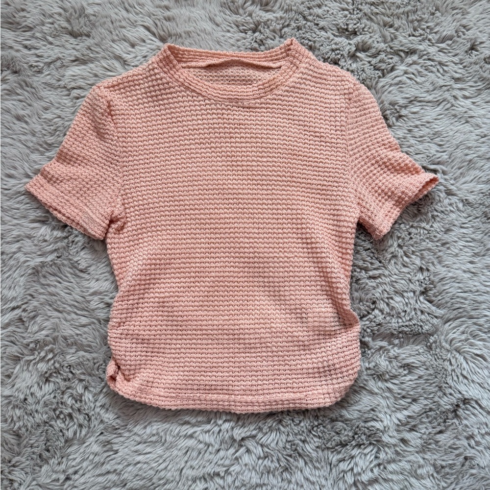 Pink Fitted Waffle Short Sleeve Top